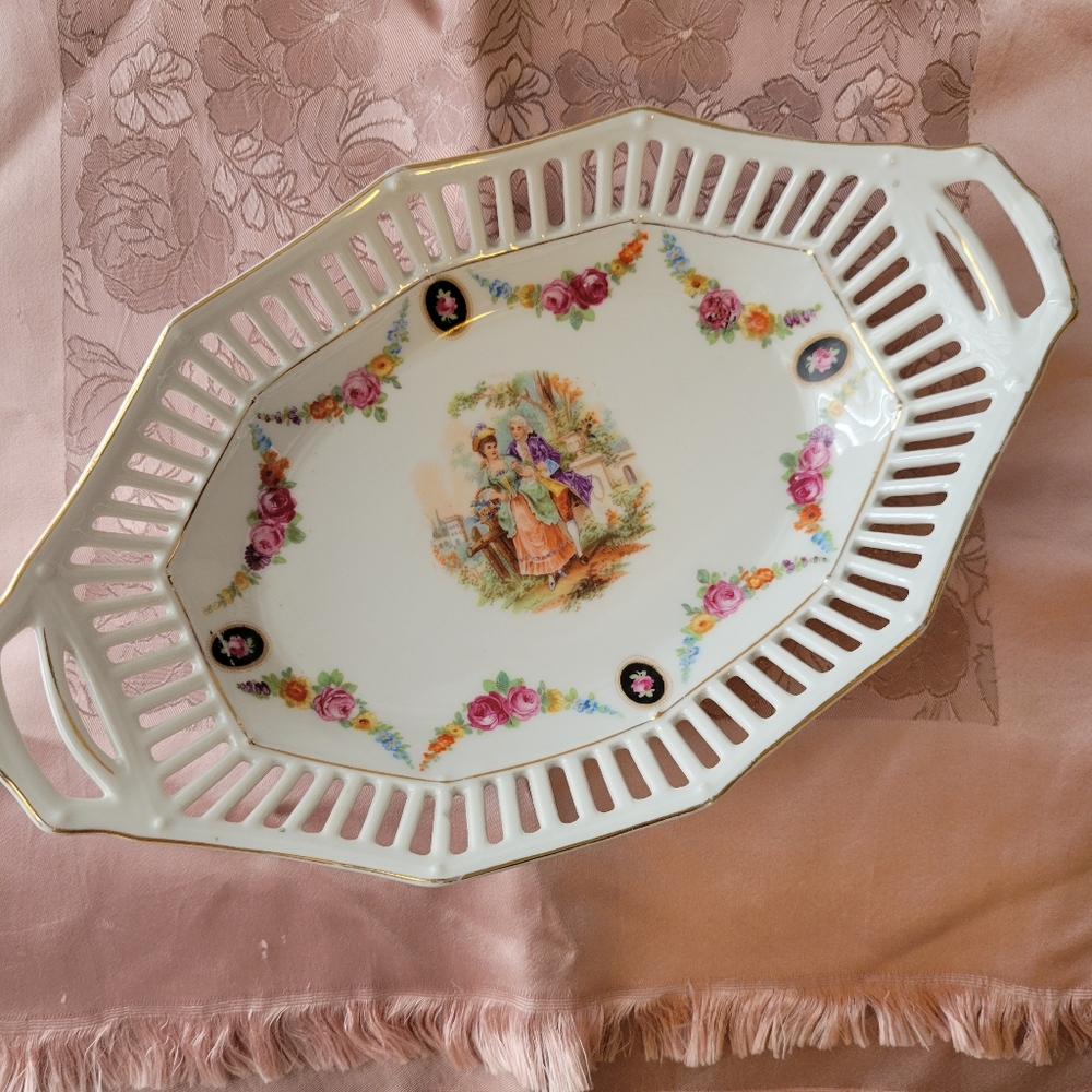 Vintage German Reticulated Porcelain Oval Bowl Victorian Images ~ Pretty!